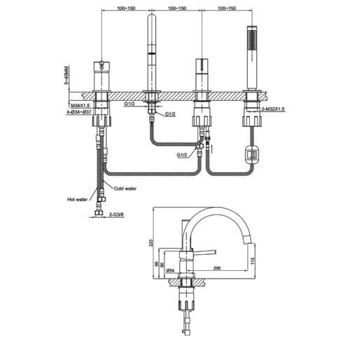 bath shower deck mounted faucet 4 hole orion matt black 1